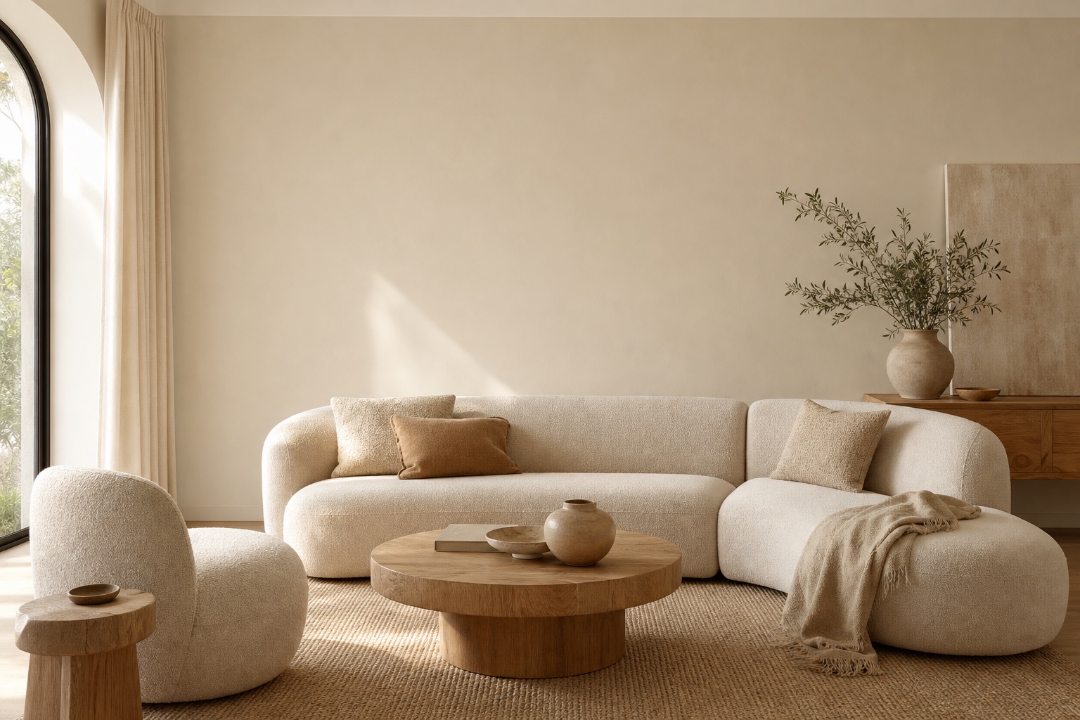Sunlight in a warm neutral living room, with curved cream seating and natural wood furniture